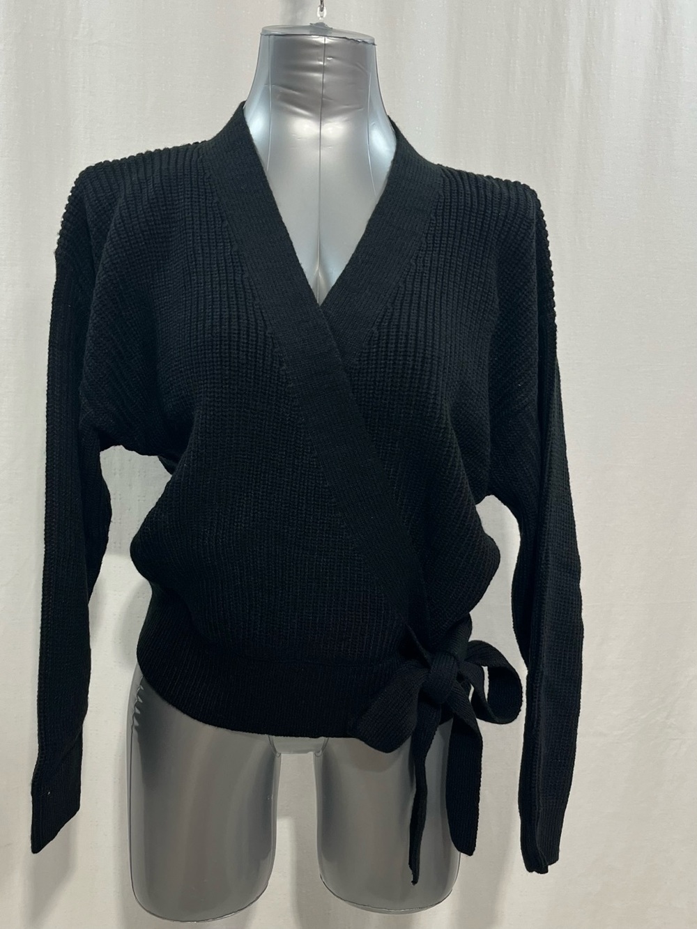 Black Ribbed Knit Wrap Sweater V Neck Side Tie Long Sleeve Balletcore Top 1686